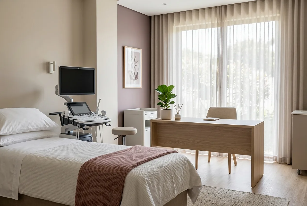 Calm, modern gynaecology consultation room with an ultrasound machine