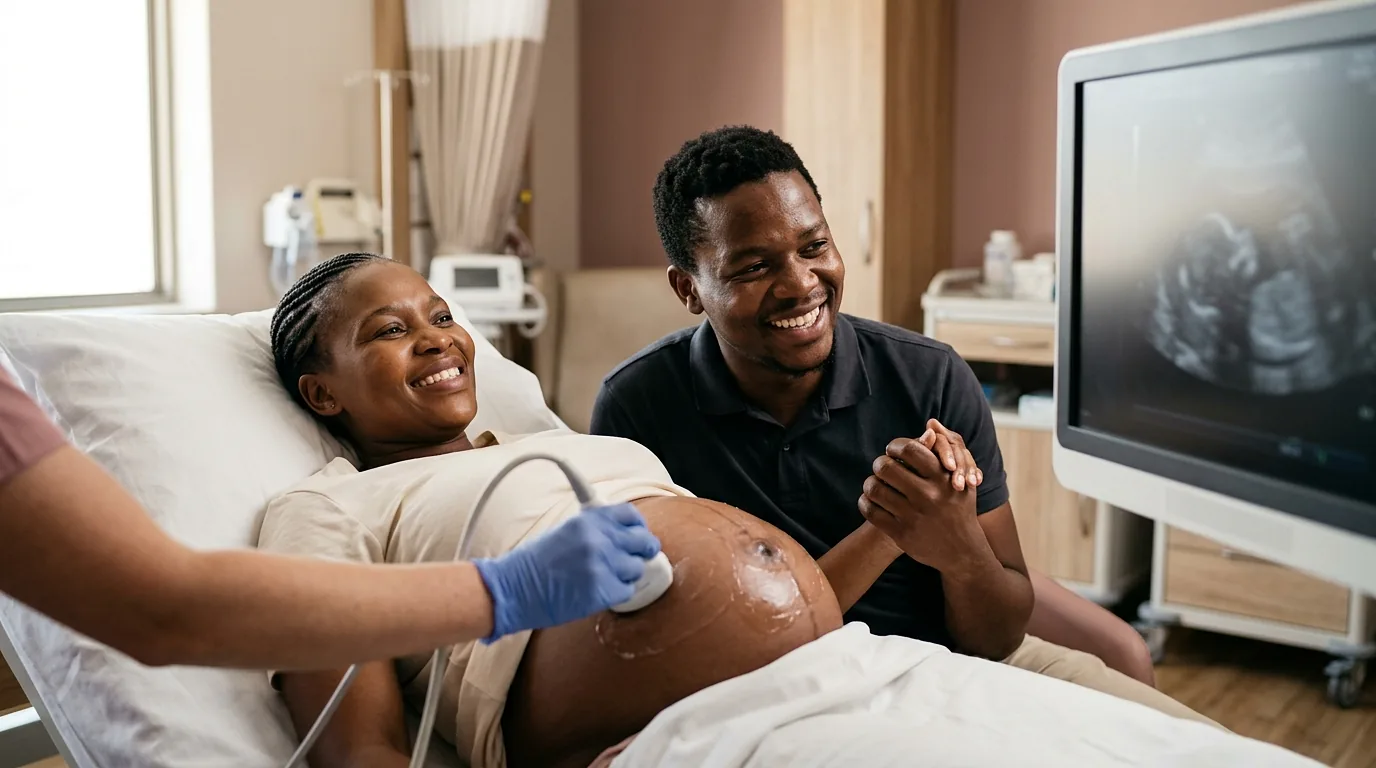 Expectant mother and her partner smiling at their baby on an ultrasound screen