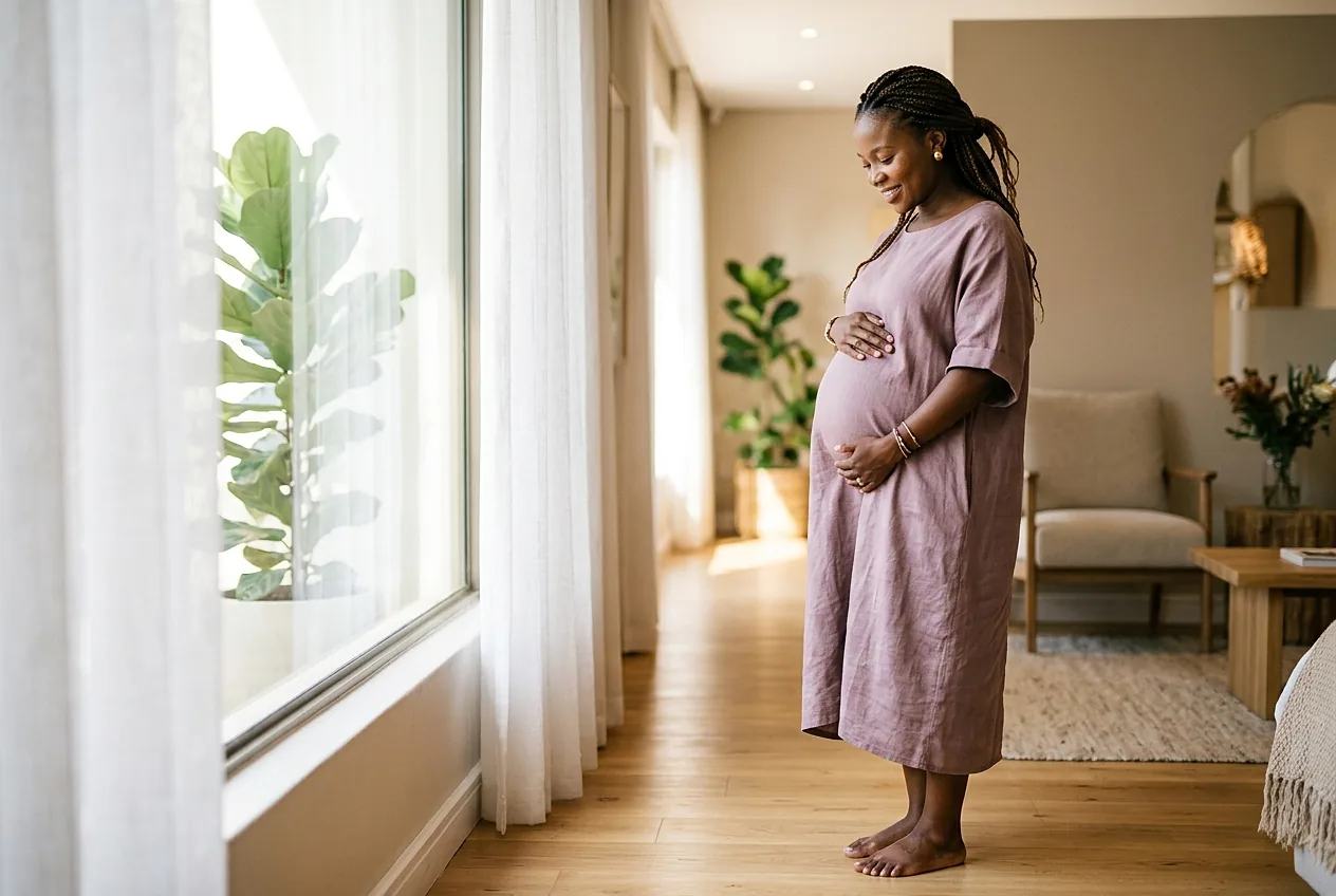 Expectant mother resting her hands on her pregnant belly beside a bright window