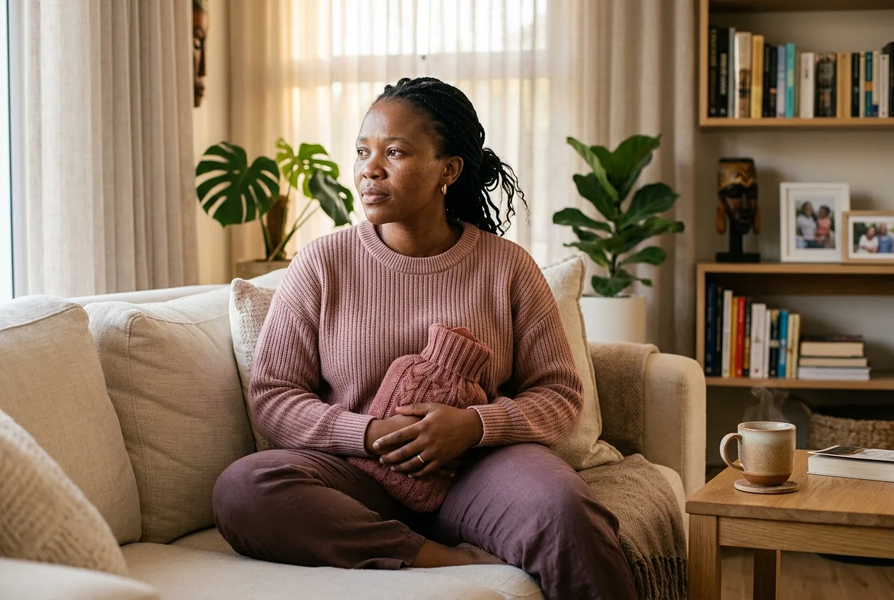 Woman resting on a sofa with a hot-water bottle against her lower abdomen