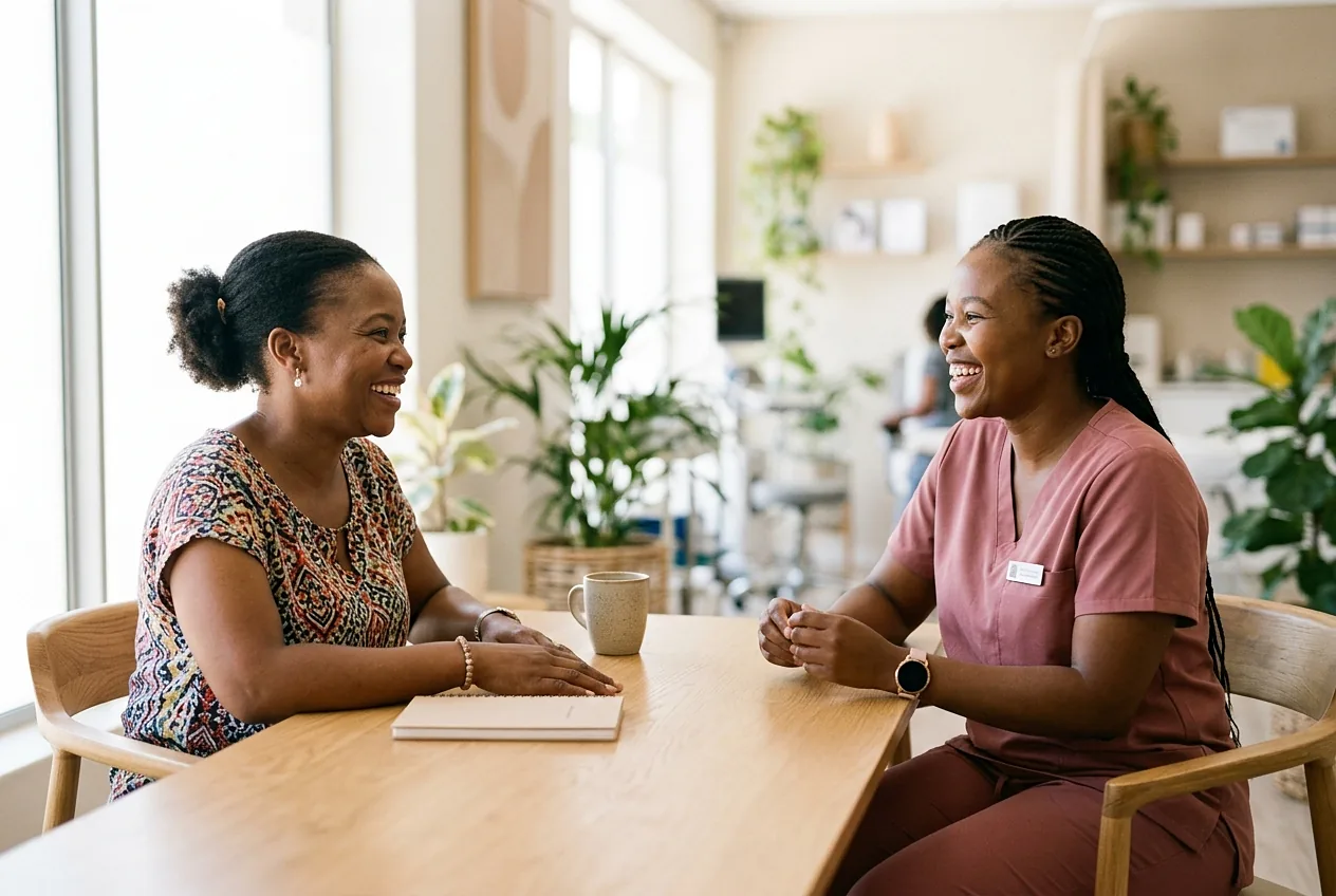 Patient smiling during a friendly consultation with a nurse